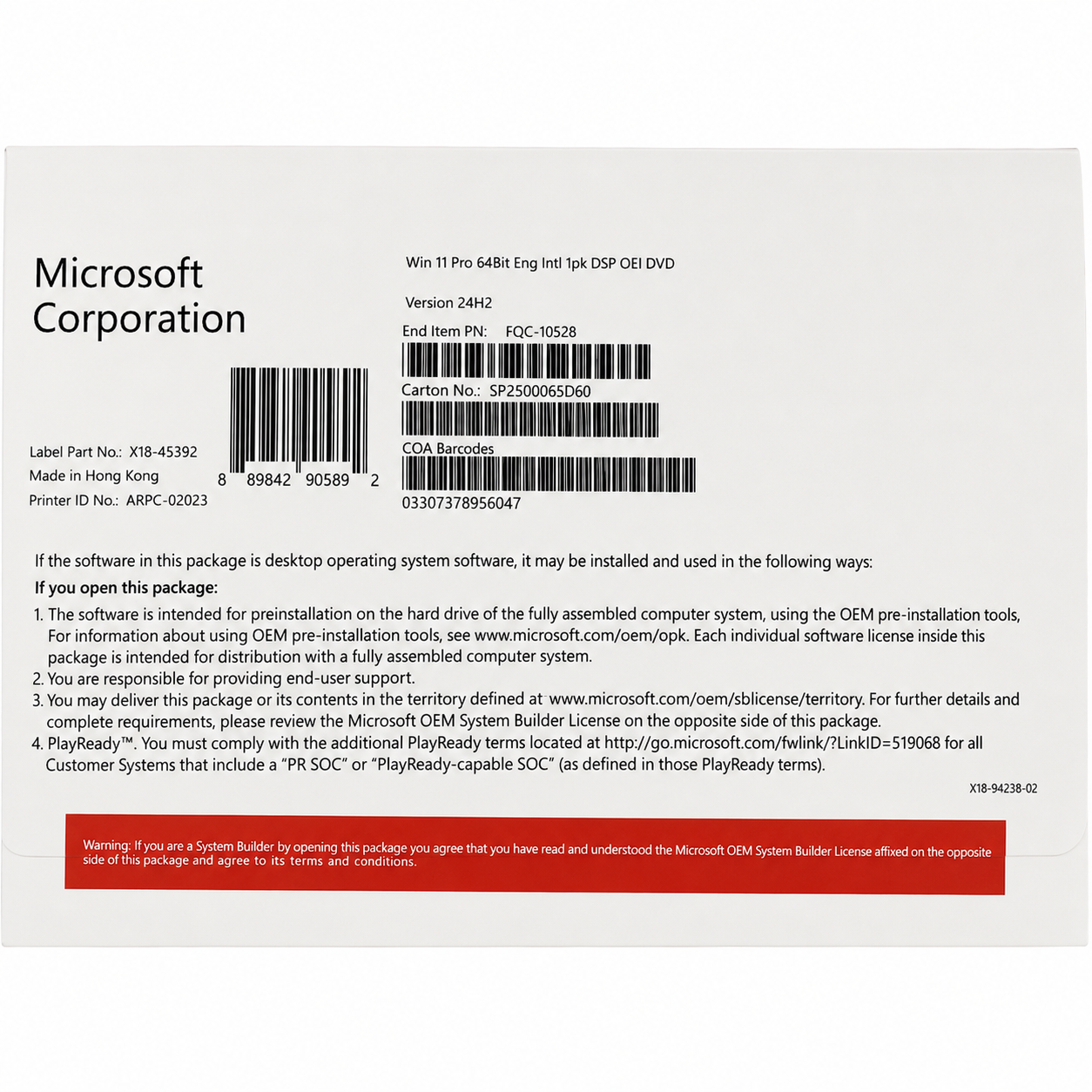 Phần Mềm Microsoft Windows 11 Pro 64bit Eng Lntl 1pk DSP Oei DVD (Hàng Box)